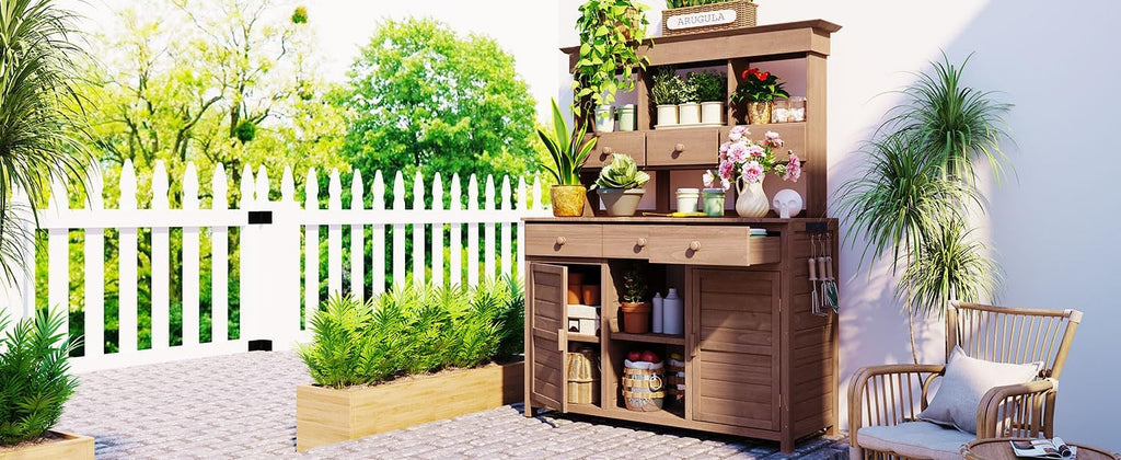 Tall Garden Potting Bench: Fir Wood Storage Workstation with Adjustable Shelves & Cabinets - Water-Resistant Organizer for Rainy Climate Gardening Enthusiasts