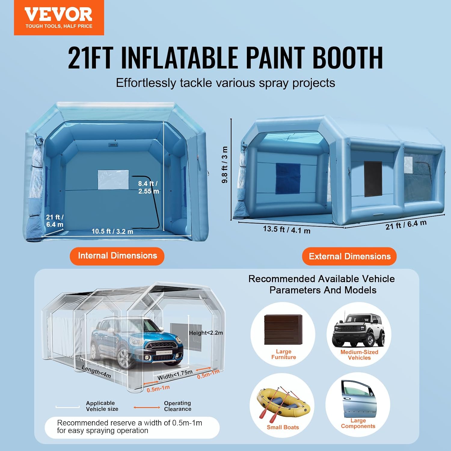 VEVOR Inflatable Paint Booth, 21 x 13.5 x 9.8 ft Inflatable Spray Booth, with 1100W Powerful Blower and Air Filter System, Large Furniture Painting, Portable Car Paint Booth for Medium-Sized Vehicles