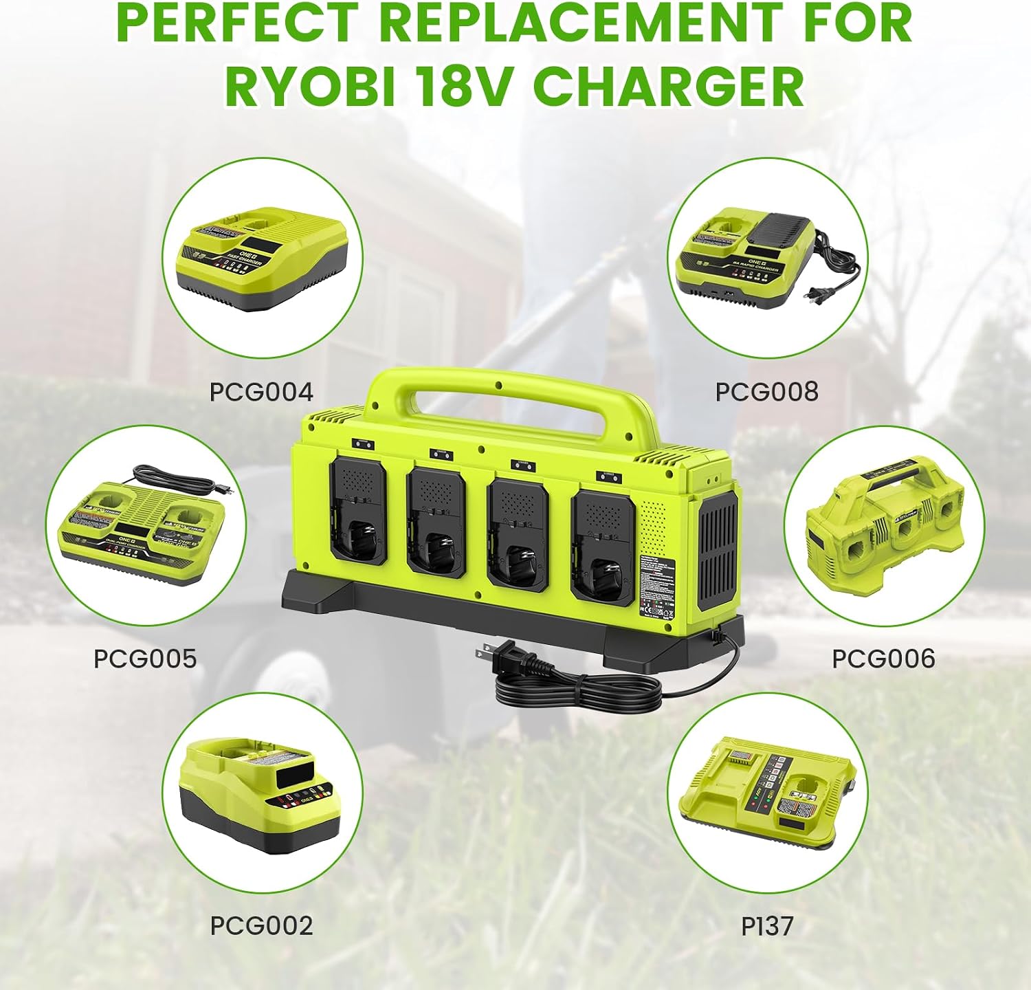 8-Port Charger for Ryobi 18V Battery, Simultaneous Fast Charging Station | Charge up to 8 Ryobi One+ batteries simultaneously with smart cooling, LED status indicators, and portable carry handle.