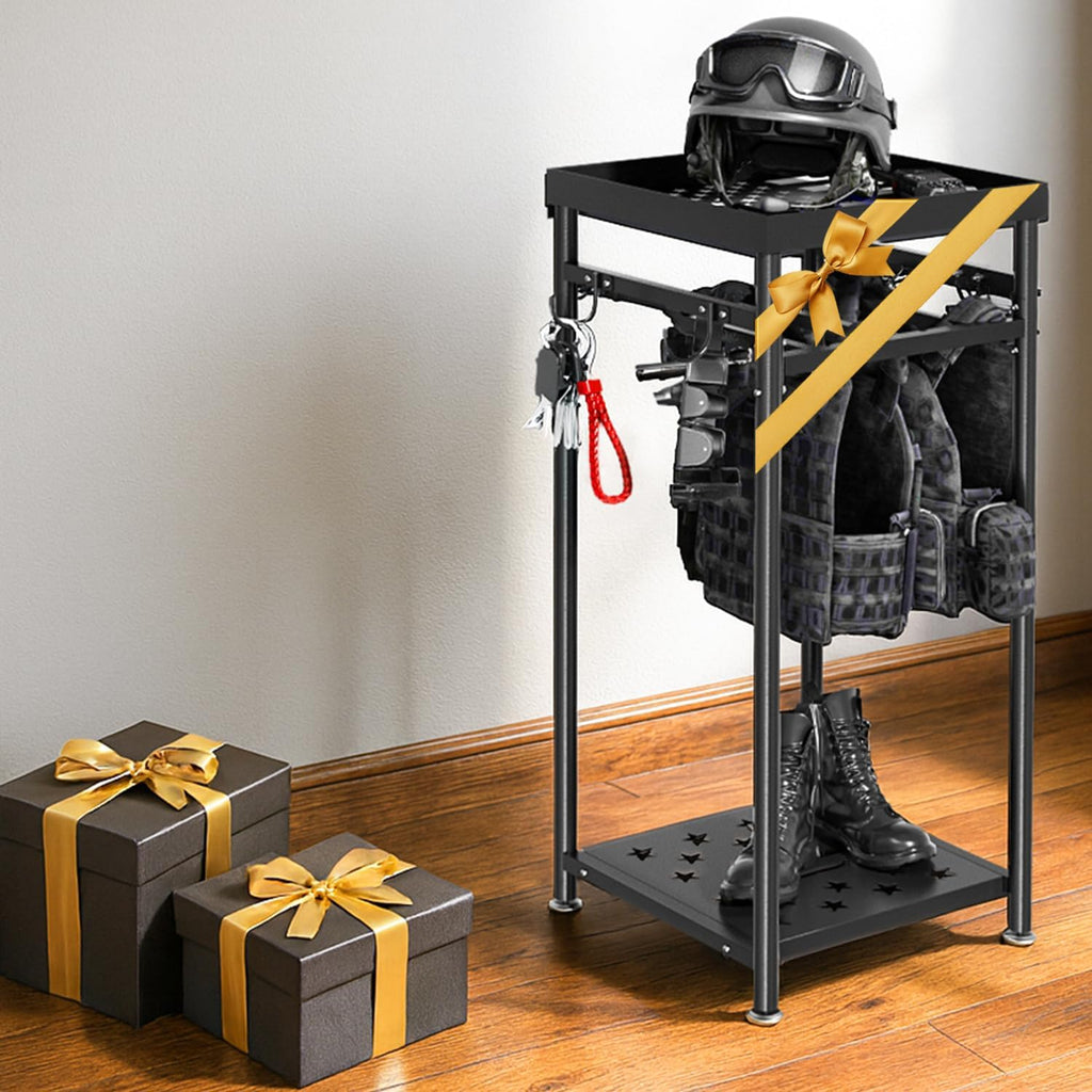 Freestanding Police Gear Stand with Hooks, Heavy Duty Metal Hanger for Body Armor, Duty Belt, Vest & Uniform Storage, Black Tactical Gear Rack Fits Law Enforcement, Security, Academy Graduation Gift