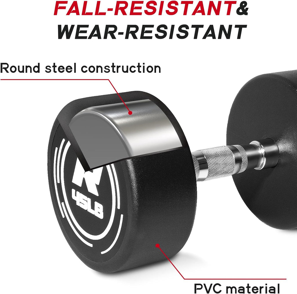 RitFit 5-250 LBS PVC Encased Round Dumbbell sets with Knurled Handle and Optional Rack, Strength Training Equipment for Home Gym
