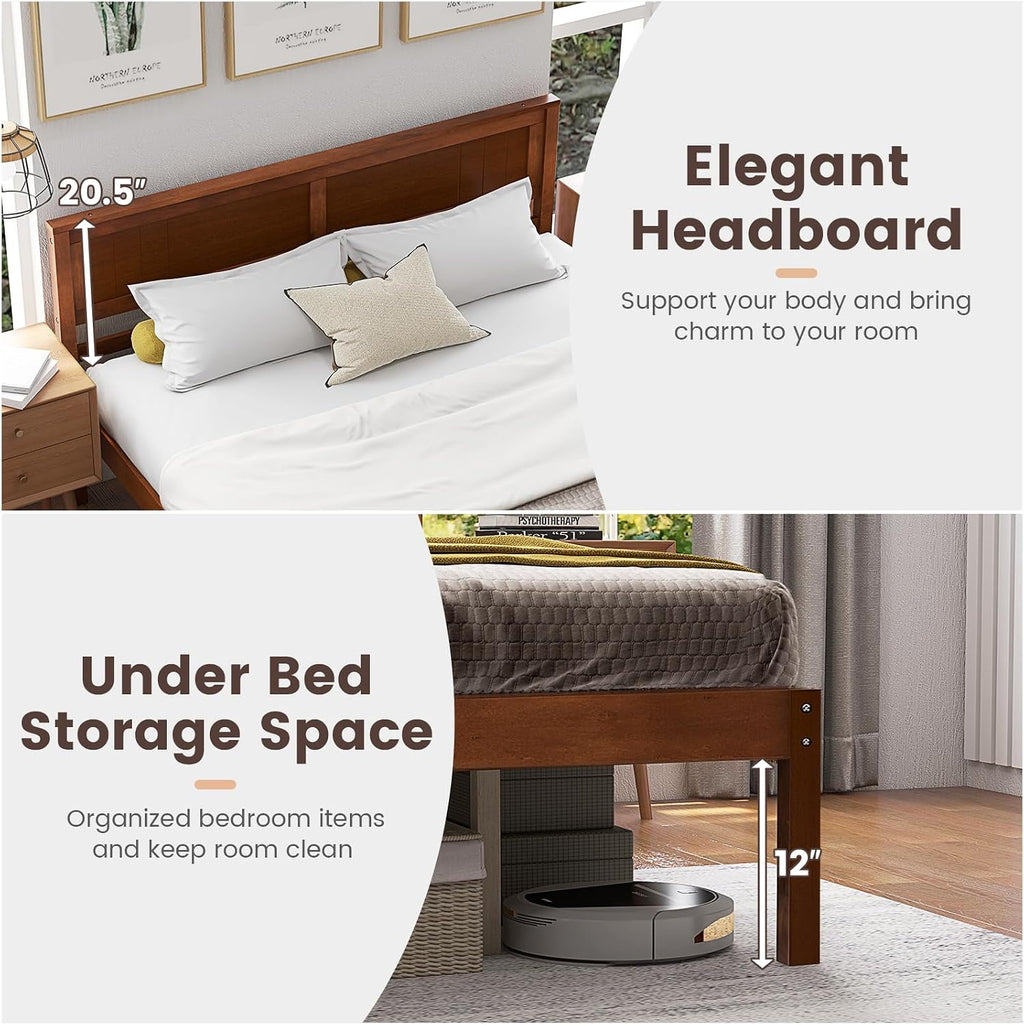 KOMFOTT Queen Size Wood Platform Bed Frame with Headboard, Solid Wood Bed Frame with Slat Support, 10-Leg Support, Under Bed Storage, 16' Mattress Foundation Bedroom Furniture, No Box Spring Needed