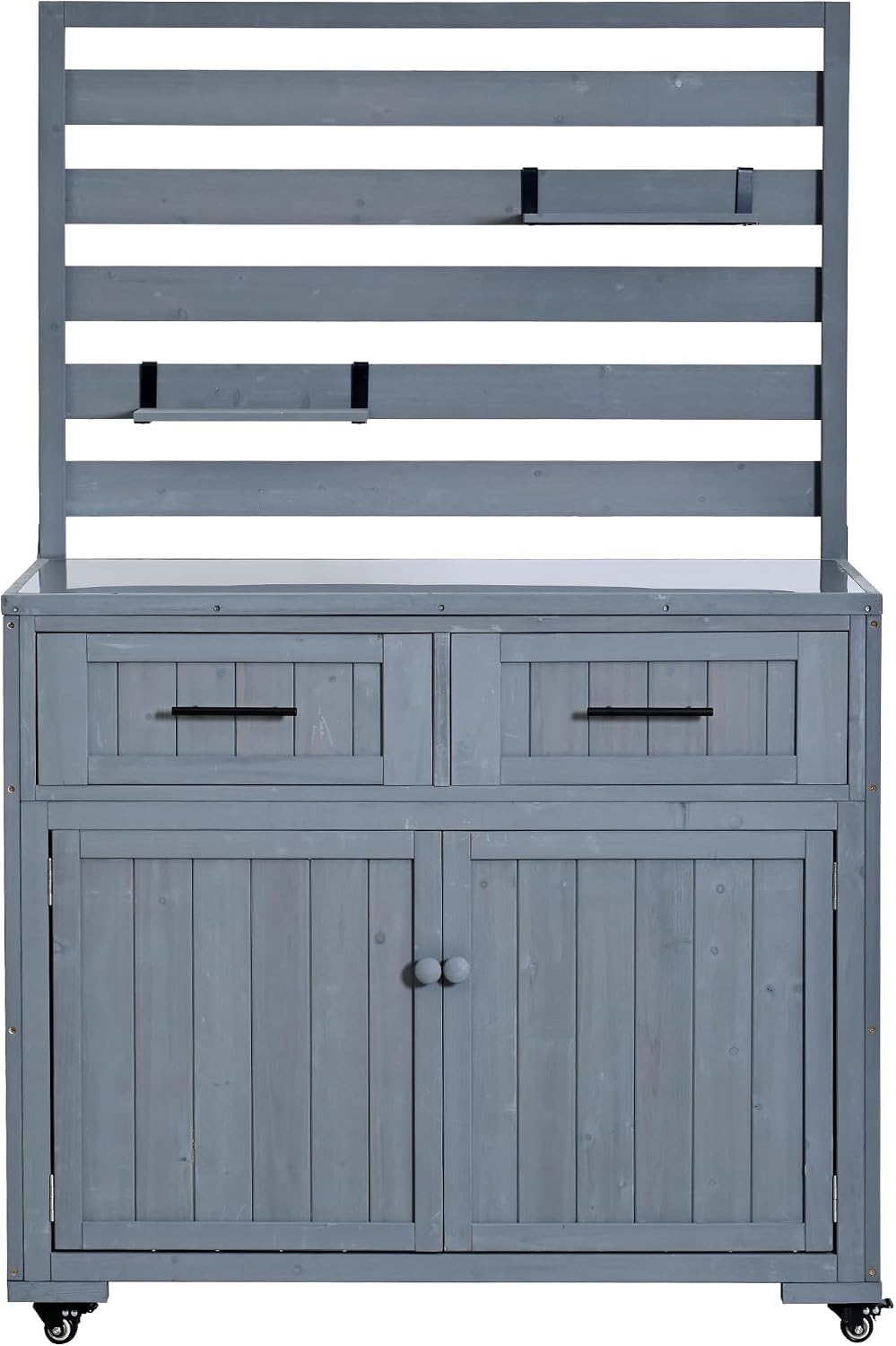 64.9'' H Large Patio Kitchen Island Cart,Solid Wood Grill Prep BBQ Table,Garden Potting Bench with Stainless Table Top,3 Movable Shelves and 2 Drawers (Gray-k)
