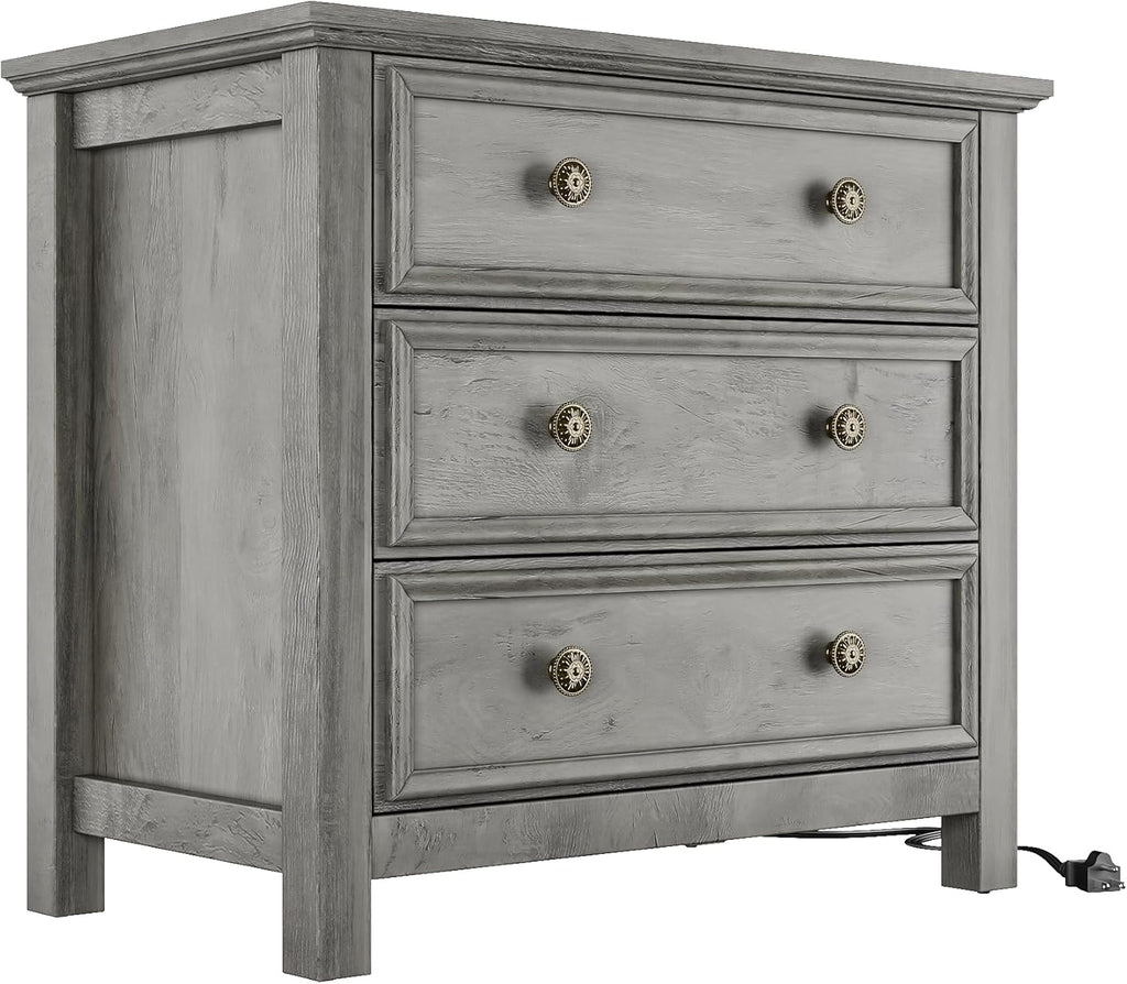 LGHM Large Nightstand with Charger Station, 27' W Night Stand with 3 Large Drawers, Accent Small Dresser Bed Side Table, Stable Thick Wood Legs, Timeless Look,Gray