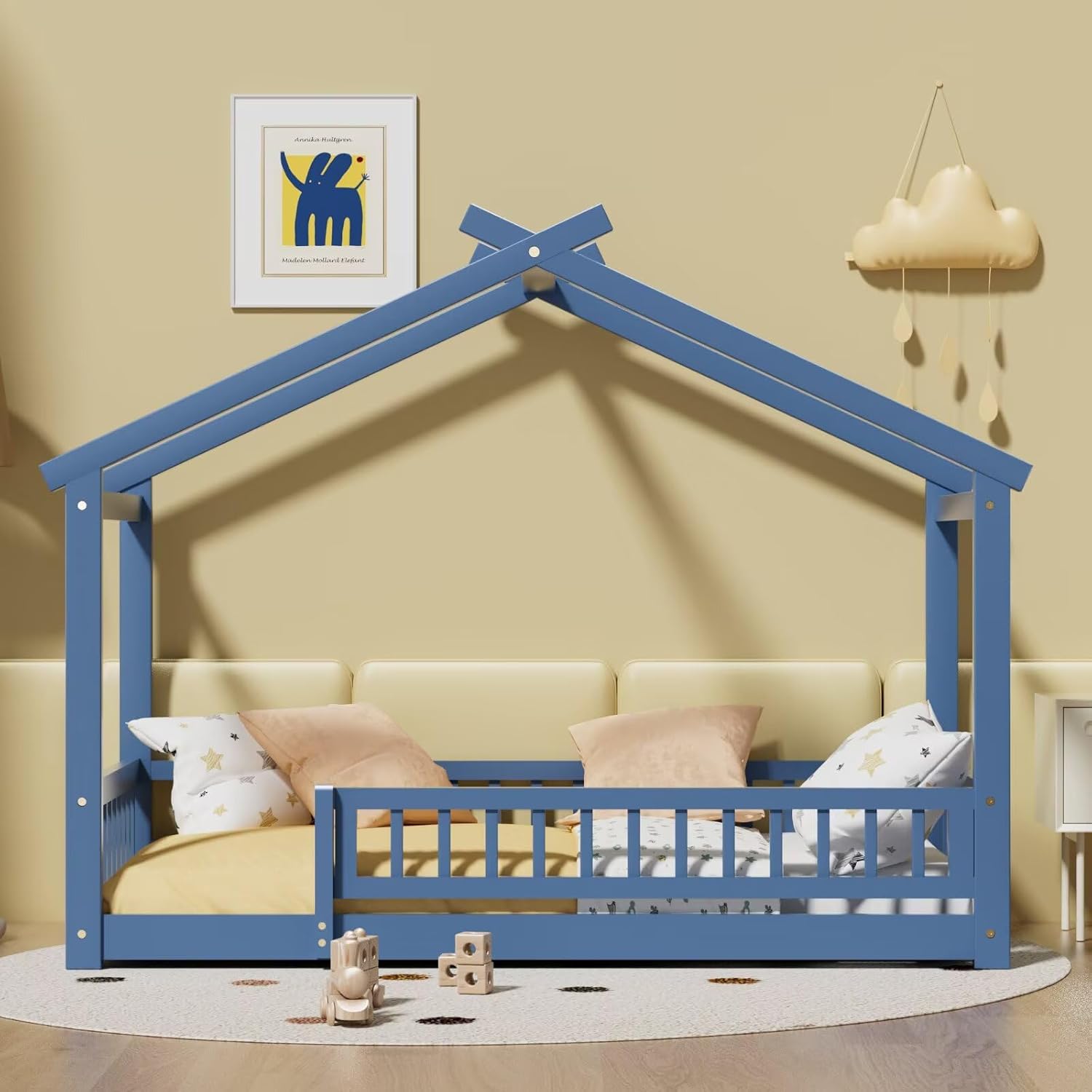 LLS Full House Floor Bed Frame with Fence, Wooden Montessori Playhouse Bed with Slats Support for Boys Girls, Mist Blue