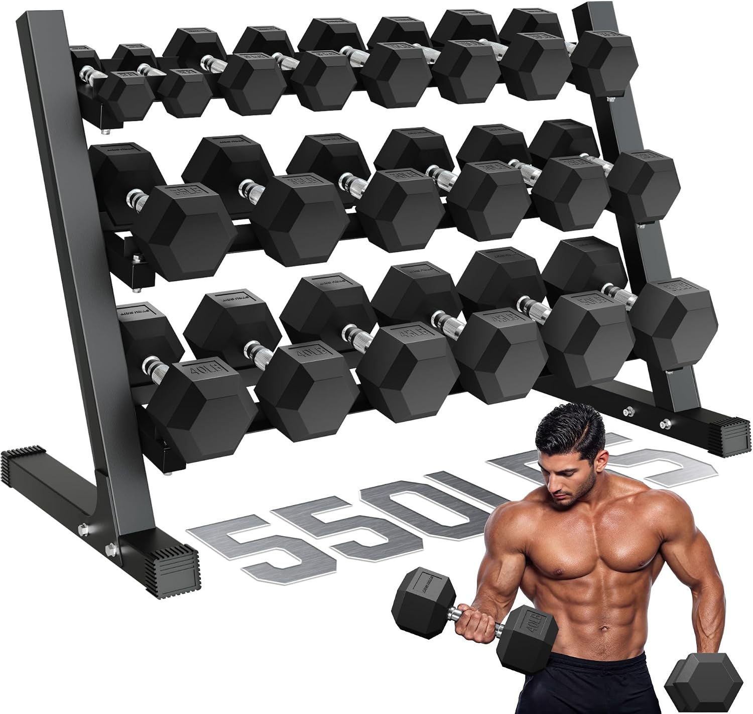 Dumbbell Sets with Rack, Rubber Hex Dumbbells, 160/220/280/360/450/550LBS, Hand Weights with Chrome Handle for Strength Training
