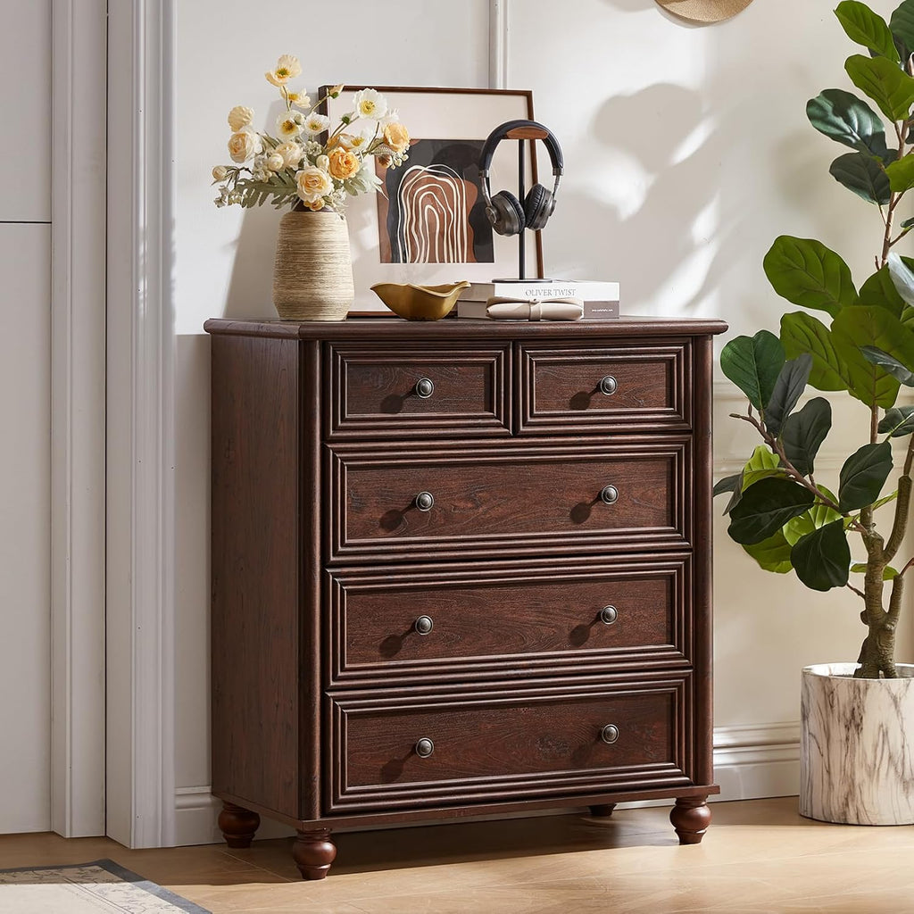 RWYHG Farmhouse 5 Drawer Dresser for Bedroom, 35.5' Walnut Tall Small Dressers & Chest of Drawers, Rustic Wood Dresser with Roman Column, Storage Organizer for Living Room, Hallway, Closet