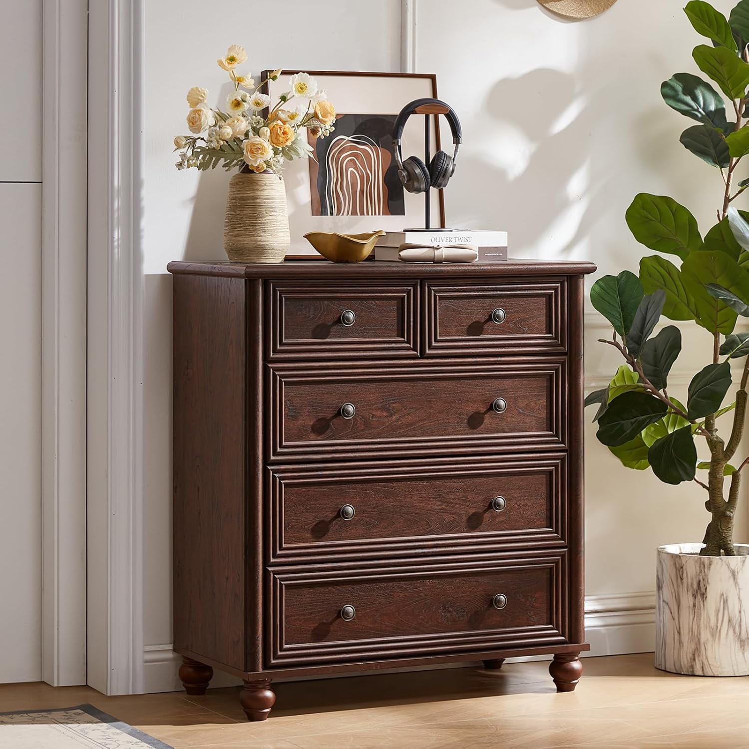 RWYHG Farmhouse 5 Drawer Dresser for Bedroom, 35.5' Walnut Tall Small Dressers & Chest of Drawers, Rustic Wood Dresser with Roman Column, Storage Organizer for Living Room, Hallway, Closet