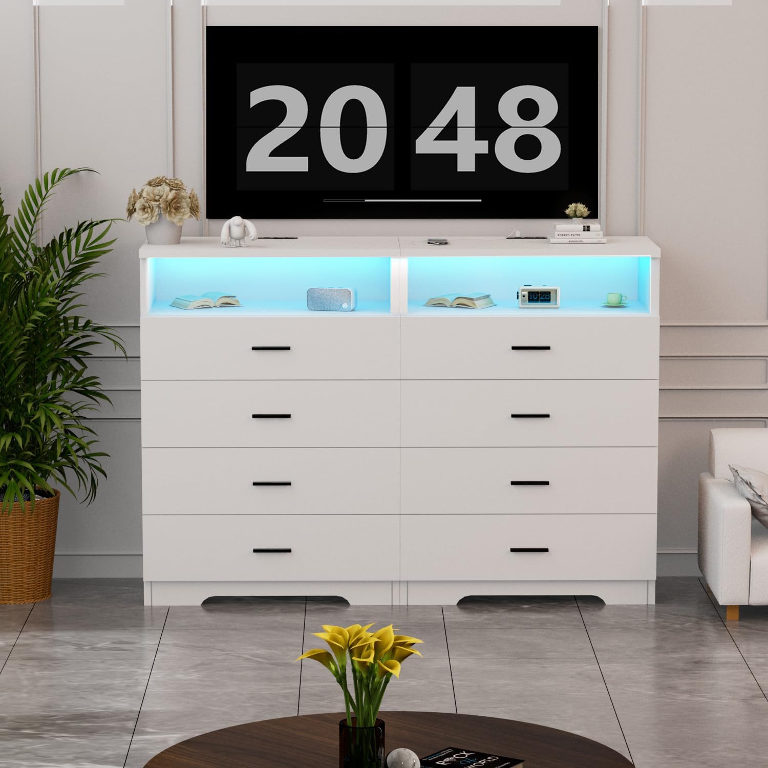 FJTJBSI Dresser with Power Outlets and LED Lights Wooden 4 Drawer Dresser with Large Organizer Tall White Drawer for Bedroom Modern Chest of Drawers Closet for Living Room Kids Room