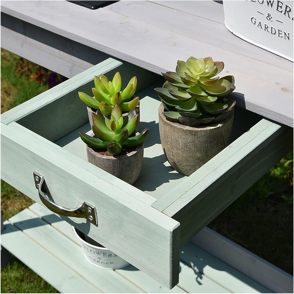 Potting Bench Table,Garden Potting Table, Outdoor Garden Potting Table Garden Work Bench Potting Bench Table for Patio Backyard and Porch with Cabinet Drawer Open Top & Lower Shelf, Gray