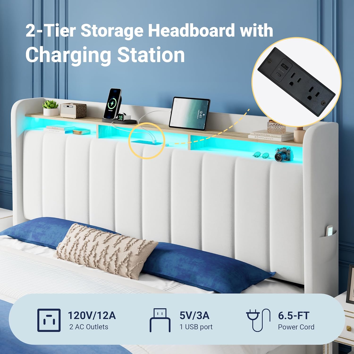 Allewie King Size Bed Frame with 2-Tier LED Storage Headboard, Velvet Upholstered King Platform Bed with 2 Storage Drawers, USB & Type-C Charging Ports, Noise-Free/No Box Spring Needed, White