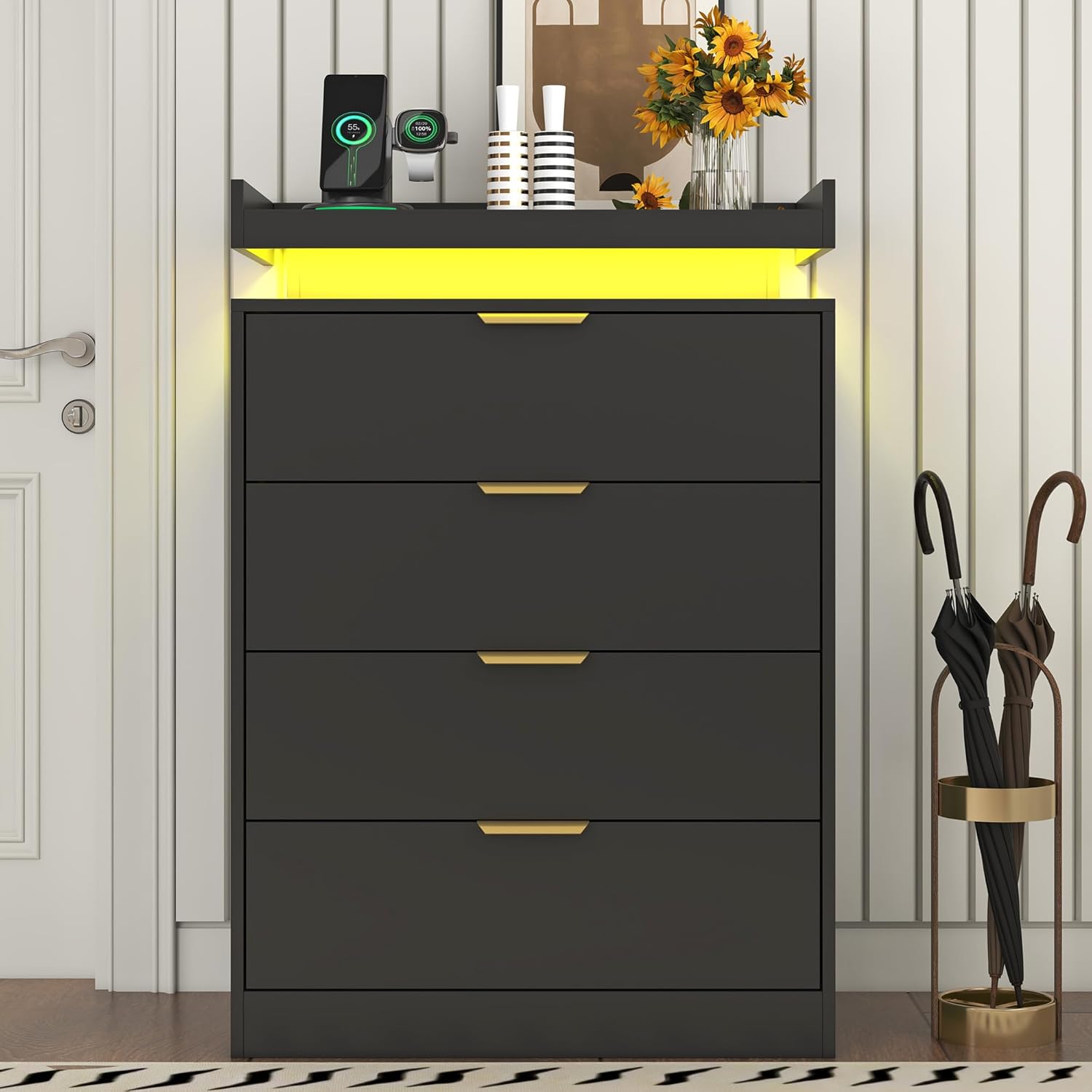 knoworld Black Dresser with LED Lights, Wooden LED Dresser, 4 Drawer Chest with Charging Station, Tall Chest of Drawer Closet Organizer for Bedroom, Living Room, Entryway, Hallway