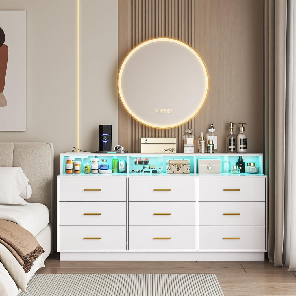 knoworld White 9 Drawer Dressers for Bedroom, Modern Large Dresser with LED Light and Power Outlet, Wooden Long Dresser, Triple Dressers for Bedroom, Entryway, Hallway
