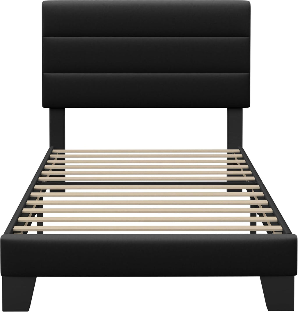 GOLDORO Twin Size Platform Bed Frame with Upholstered Headboard, Wooden Slats Support, No Box Spring Needed, Easy Assembly, Black