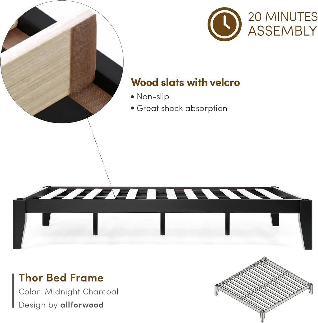 Thor Premium Solid Wood Bed Frame Queen, Japanese Joinery Bed Frame with Wood Slat Support, Platform Bed, No Box Spring Needed, Easy Assembly, Minimalist & Modern Style (Midnight Charcoal)