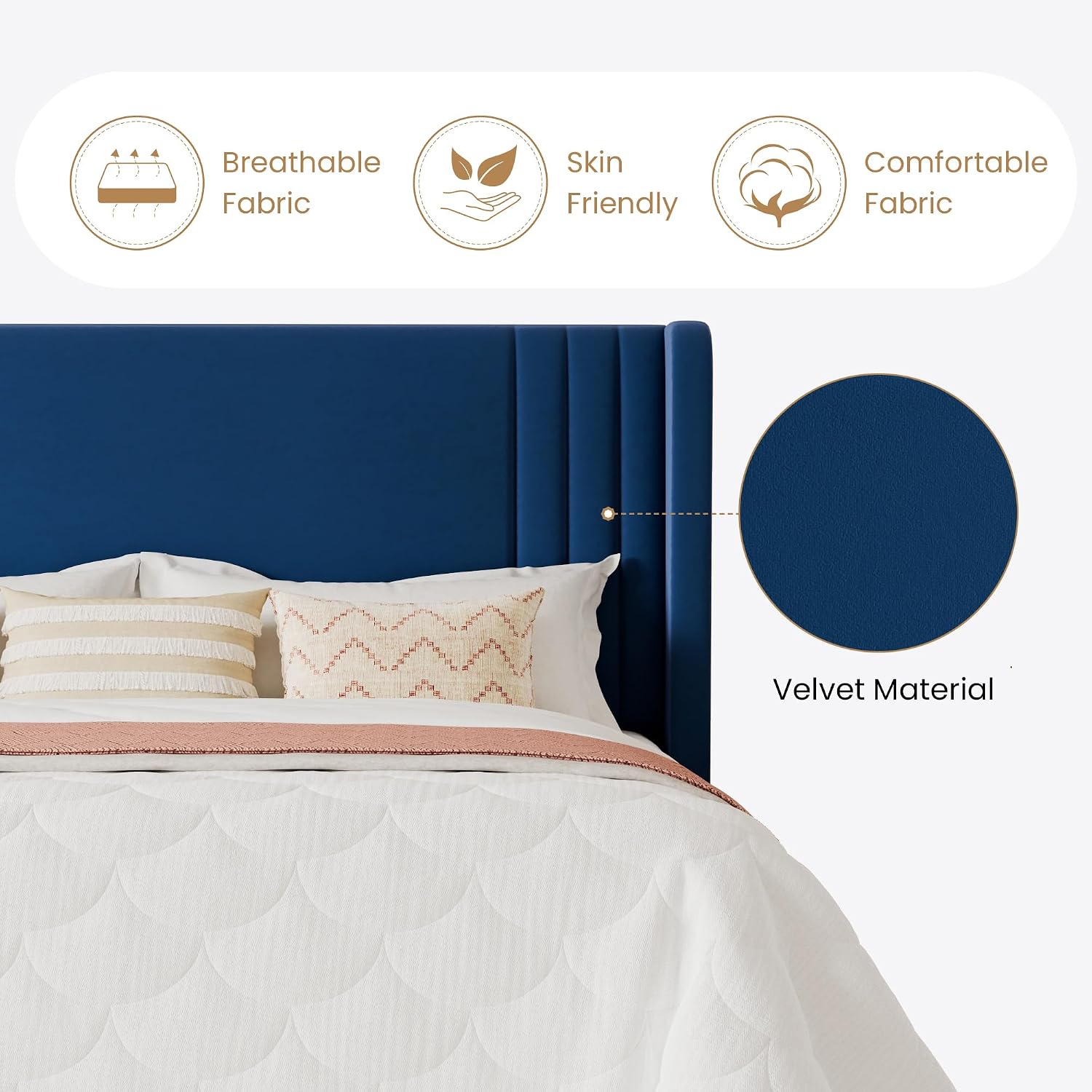 SHA CERLIN Full Size Velvet Upholstered Platform Bed Frame with Vertical Channel Tufted Wingback Headboard, Wooden Slats Support, Easy Assembly, Under Bed Storage, No Box Spring Required, Blue