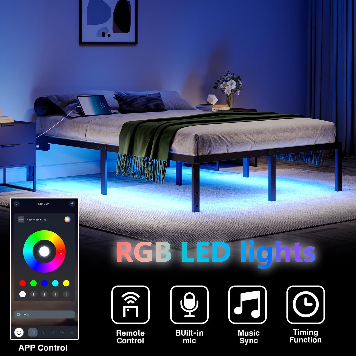 HAVONIZD King Bed Frame with LED Lights & Charging Station - 14 Inch Heavy Duty Metal Platform Bed Frame No Box Spring Needed, Easy Assembly, No Noise