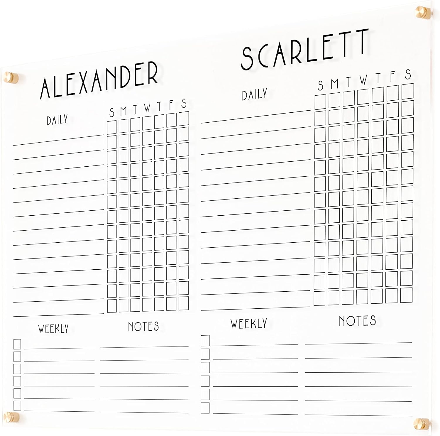 Personalized Acrylic Chore Chart for Wall (38'Wx26'H, Champagne Gold Standoffs)