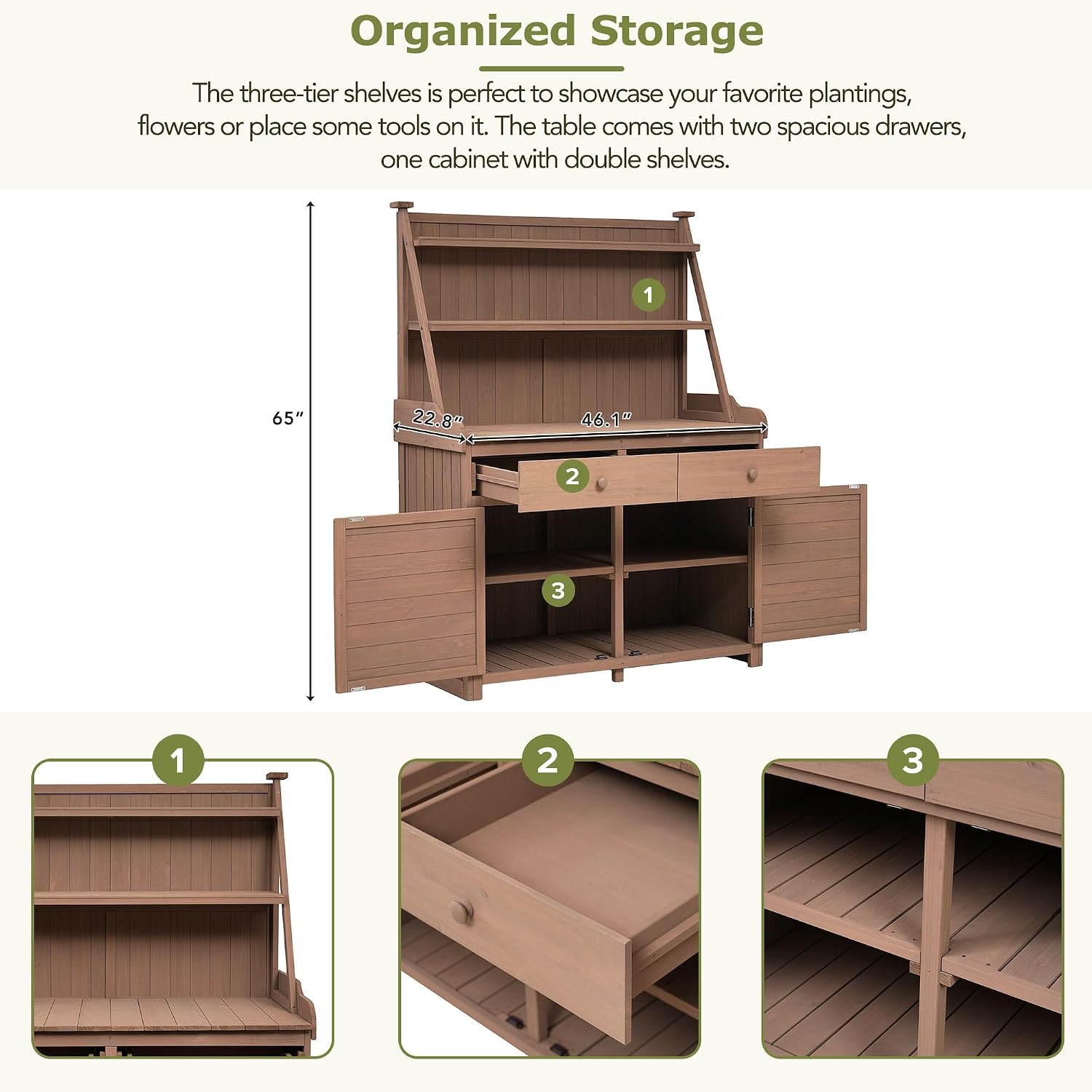 65'' H Outdoor Potting Bench Table, Garden Workstation with Storage Shelves, Drawers, and Cabinet, Outside Garden Table for Patio, Backyards,Easy Assembly,Brown