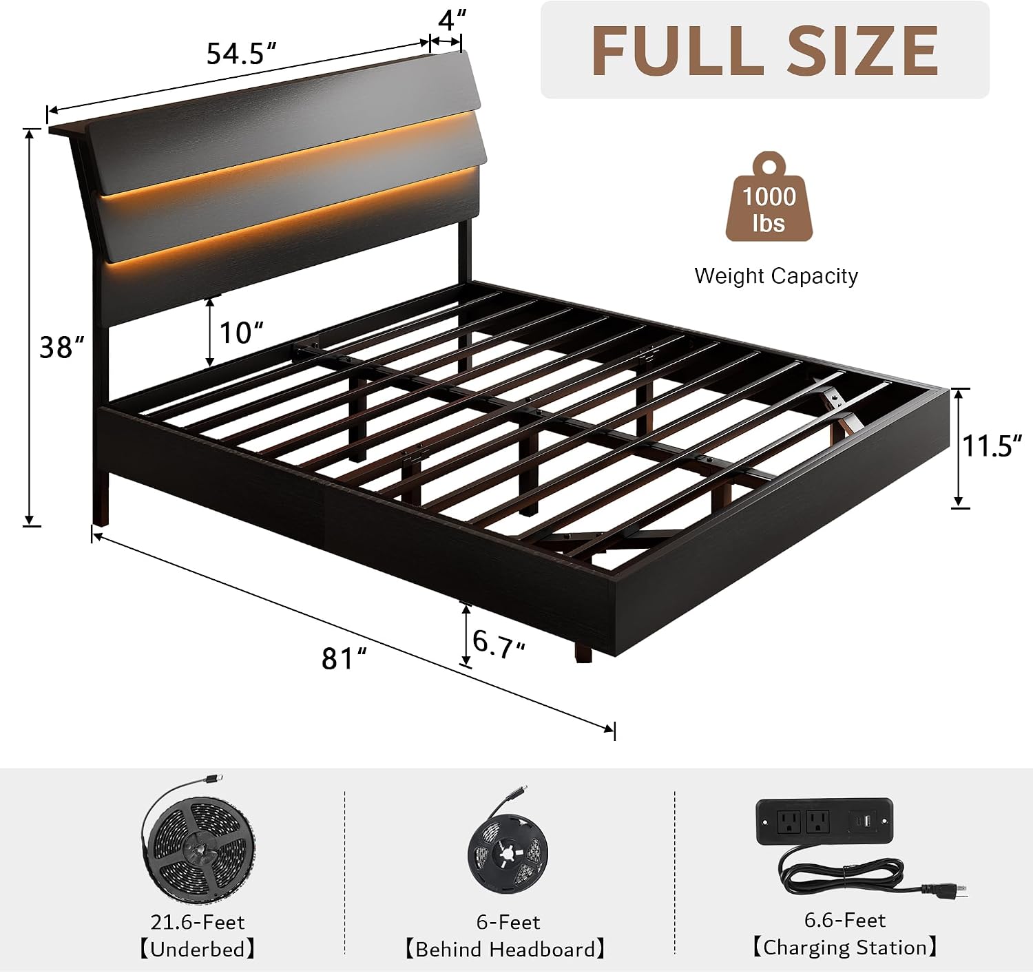 iPormis Floating Full Size Bed Frame with LED Lights & Charging Station, Platform Bed with Wooden Storage Headboard, Steel Slats Support, No Box Spring Needed, Easy Assembly, Noise-Free, Black