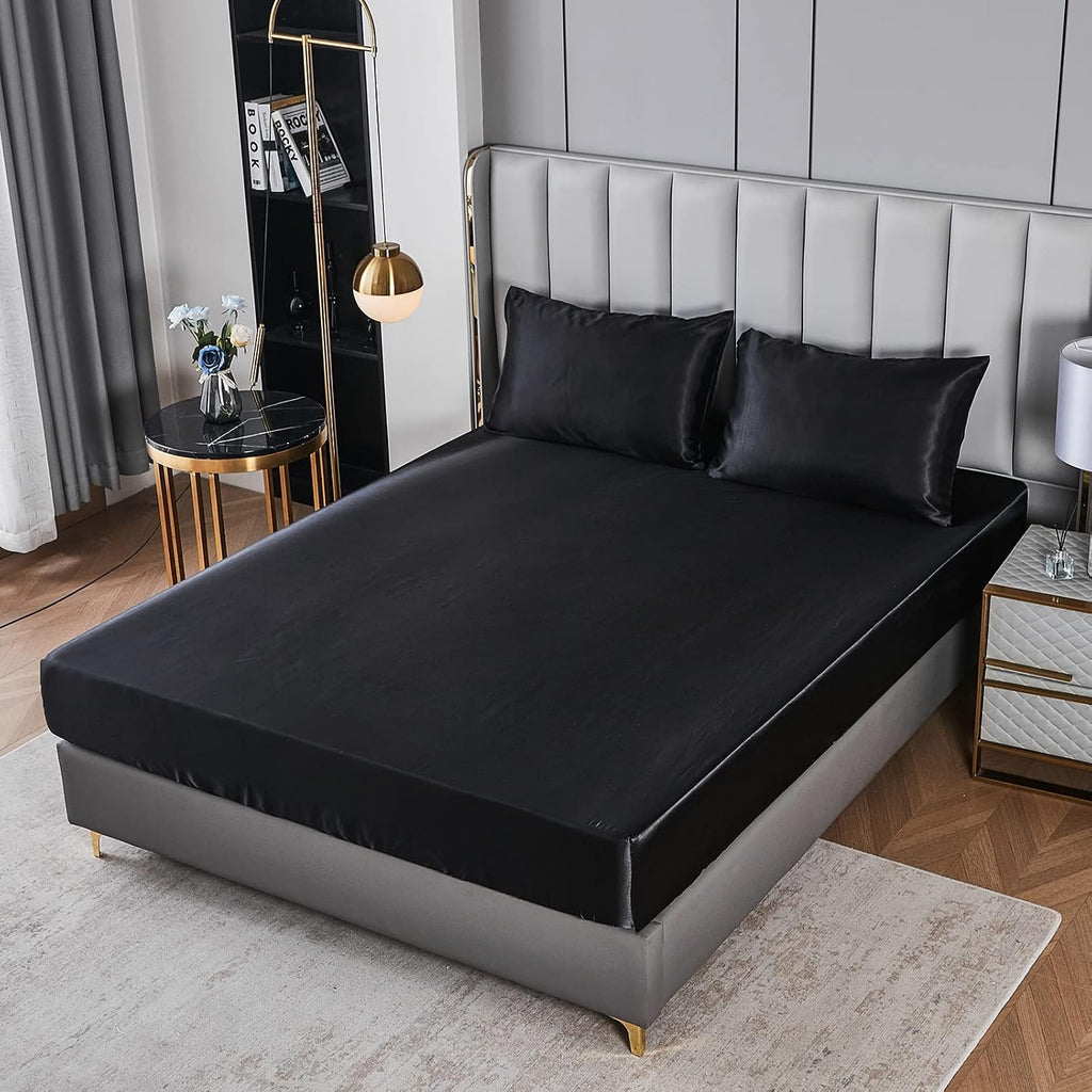 Herside Black Satin Comforter Set 7 Pieces King Size Bed in a Bag Luxurious Satin Bedding Set with Comforter Pillowcases and Sheets Sets Mini Pompoms Design Super Soft Silky Bed Set for All Seasons