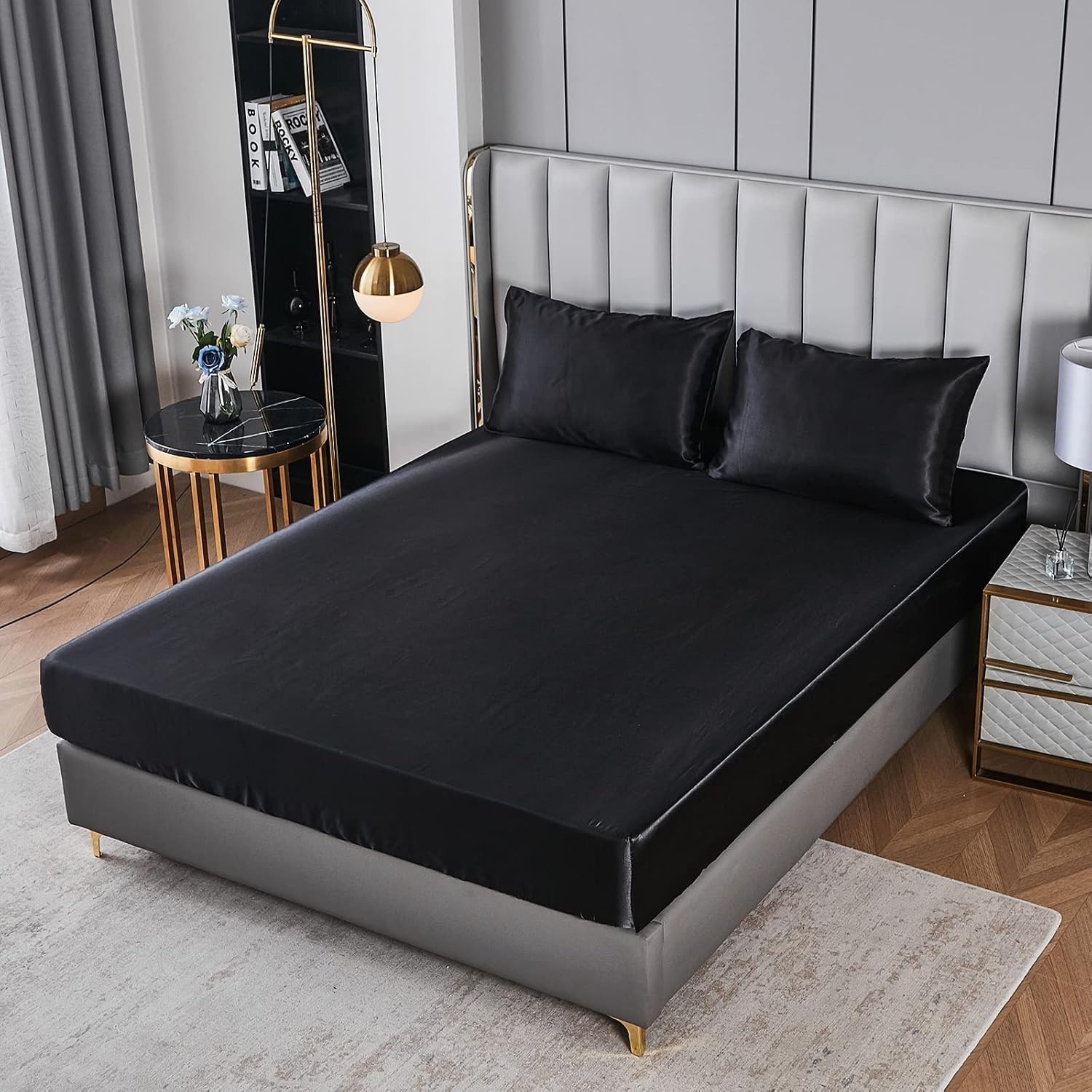 Herside Black Satin Comforter Set 7 Pieces King Size Bed in a Bag Luxurious Satin Bedding Set with Comforter Pillowcases and Sheets Sets Mini Pompoms Design Super Soft Silky Bed Set for All Seasons