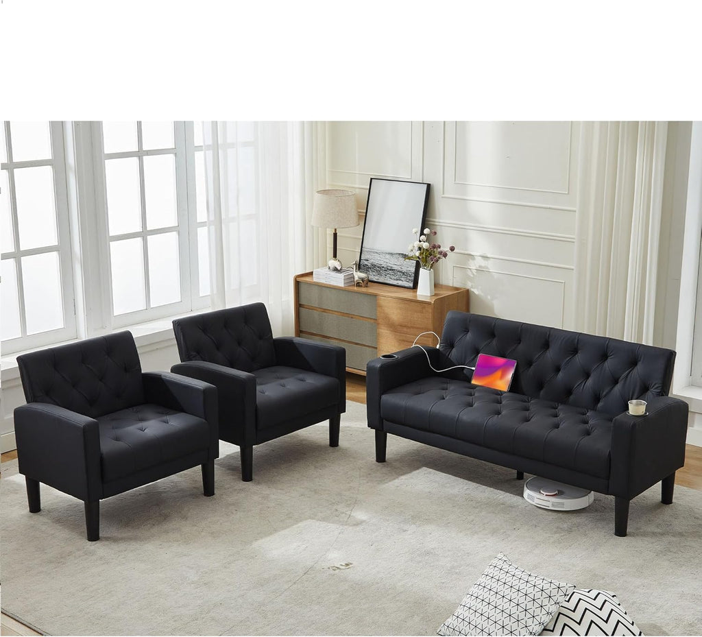 TYBOATLE Mid-Century Modern Tufted Black Faux Leather Loveseat Sofa Set w/ 2 USB & 2 Cupholders, 3 Piece Living Room Furniture Sets, Small Love Seat Couches for Small Space Apartment Bedroom Office