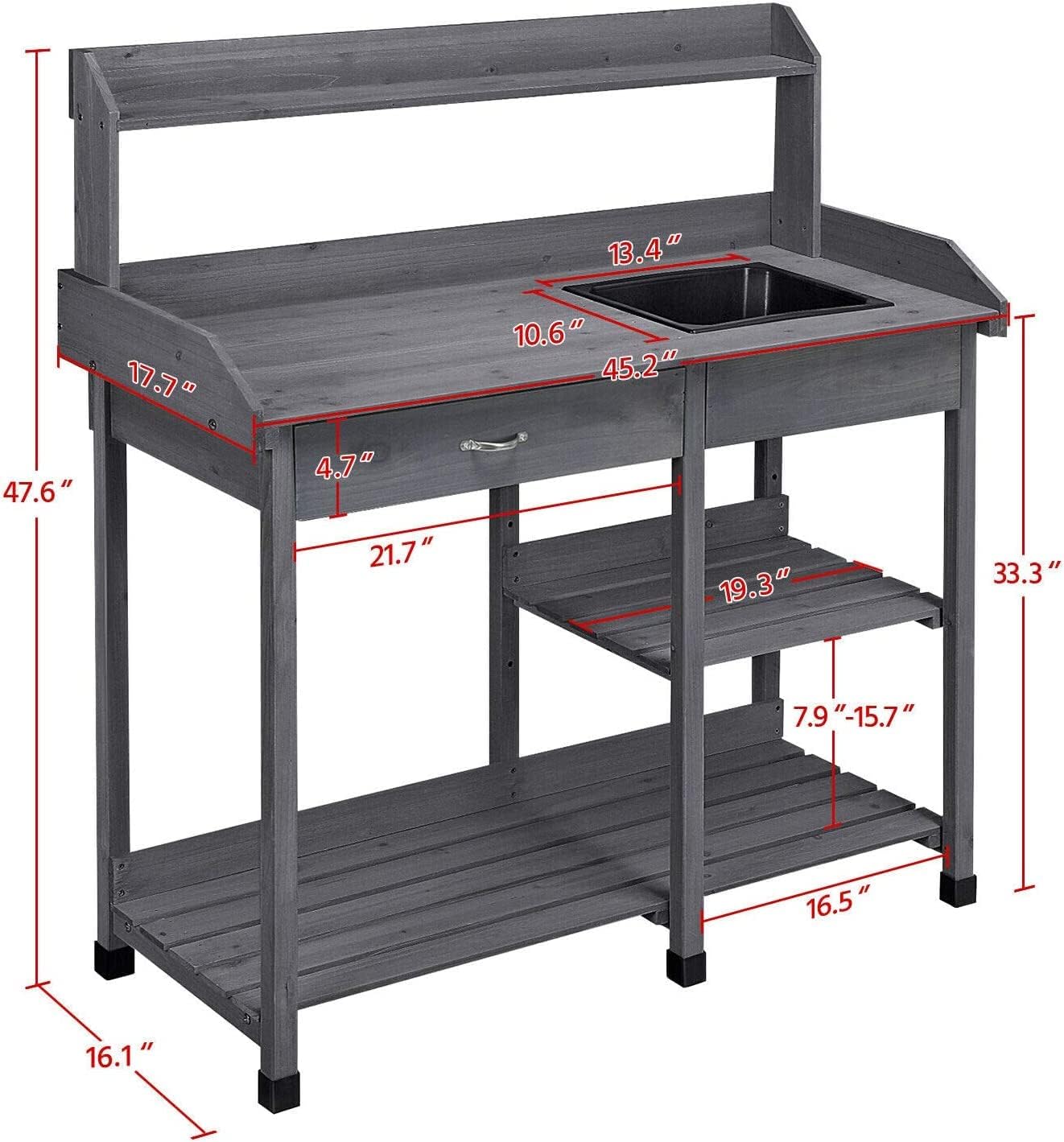 Potting Bench Table Patio Outdoor Garden Work Station Planting Shelf Sink Drawer Solid Wood Construction, Deck, Balcony anXella (Color : A)