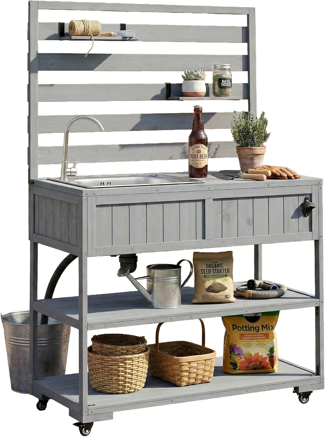 Merax 41.7'' W Outdoor Kitchen Island with Sink, Garden Potting Bench with Stainless Table Top, Rolling Grill Cart with Adjustable Shelves and 1 Bottle Opener,Gray