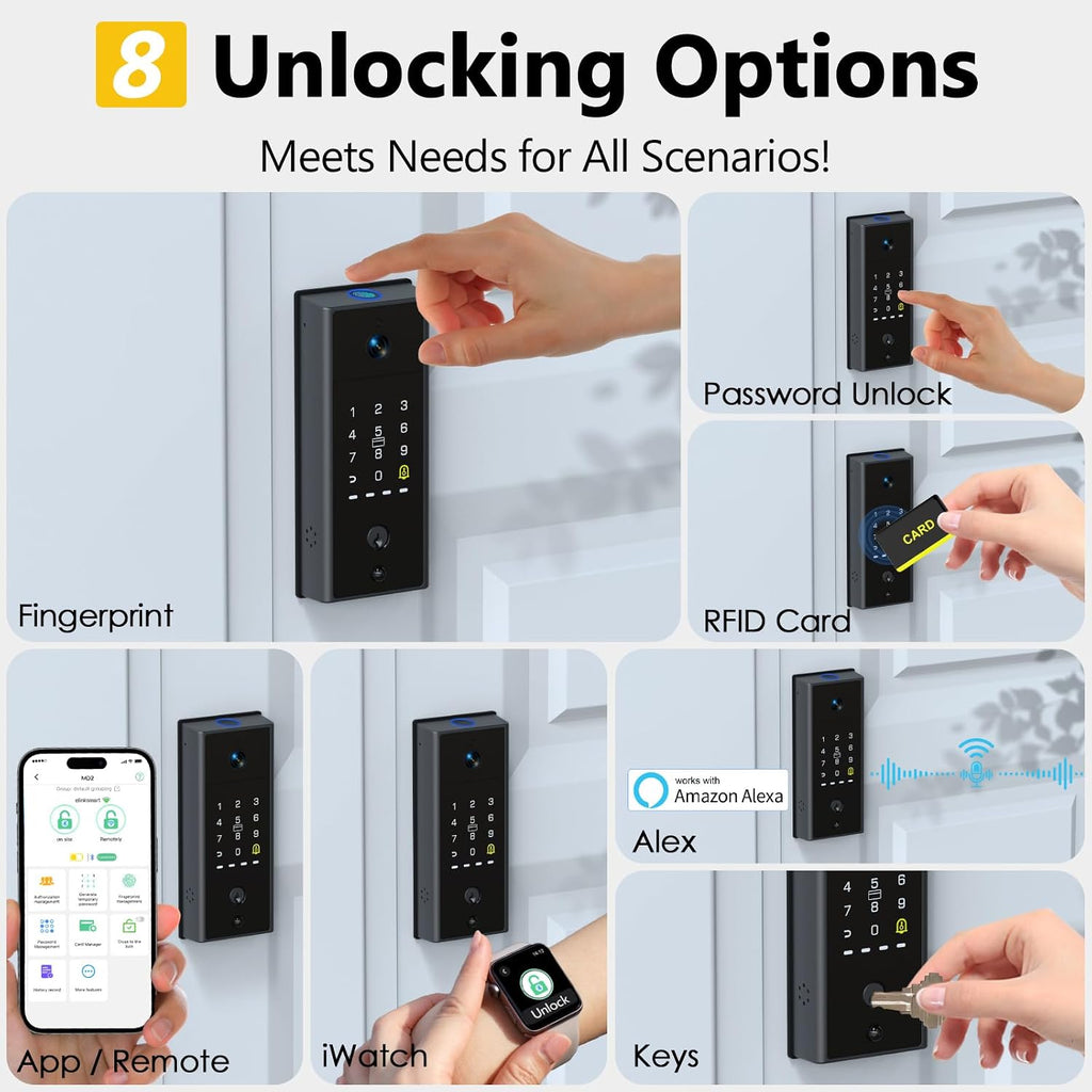 Eseesmart WiFi Video Smart Lock with Camera & Doorbell, Keyless Entry Door Lock with Smart Lock Sensor, 10000mAh Rechargeable Battery, Two-Way Audio, 8 Ways to Unlock, App Remote Control