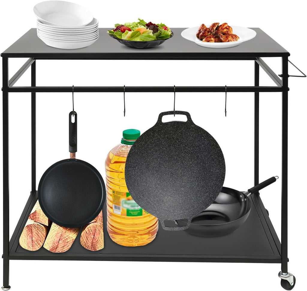 Grill Cart, 2Tier Stainless Steel Movable Food Prep Table, Black | Double Wide Shelves 4 Hanging Hooks Maximize Outdoor Cooking Storage Room