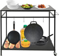 Grill Cart, 2Tier Stainless Steel Movable Food Prep Table, Black | Double Wide Shelves 4 Hanging Hooks Maximize Outdoor Cooking Storage Room
