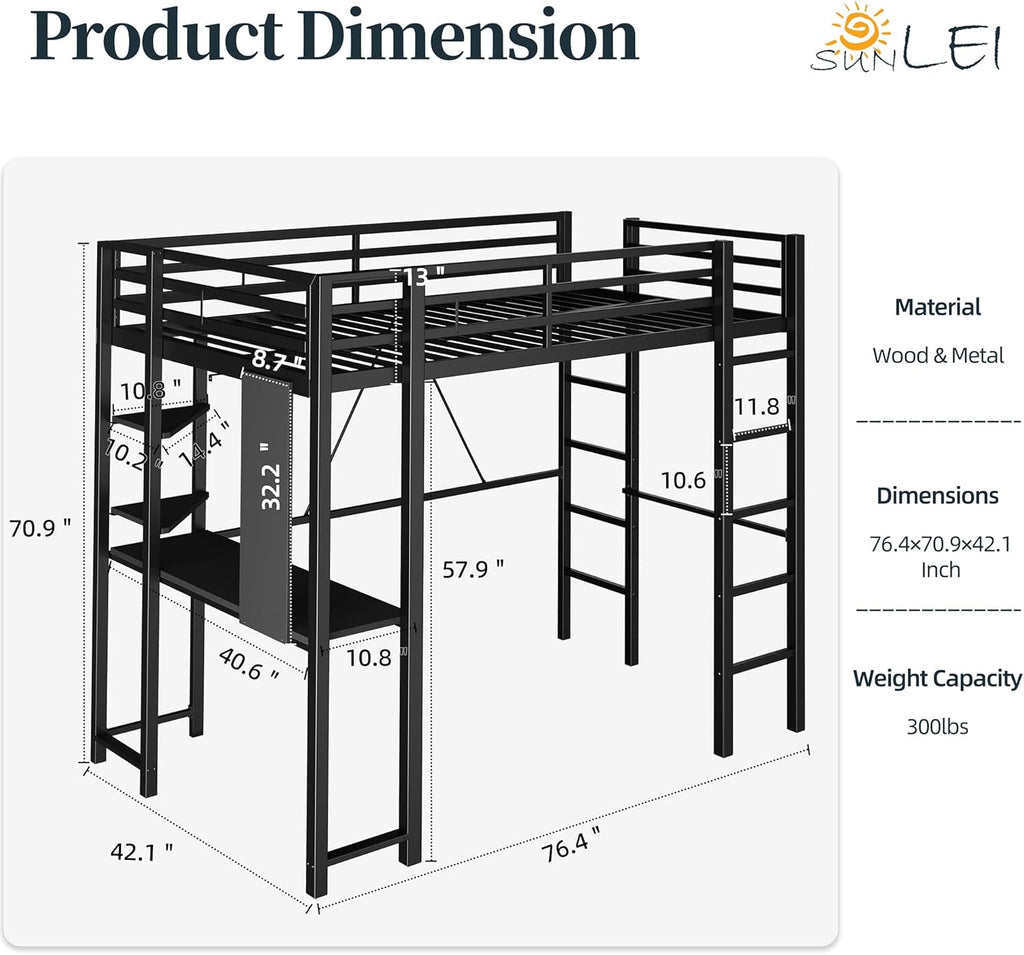 SUNLEI Loft Bed Twin Size with Desk and Safety Guard Rail, Twin Size Metal Bed Frame with Double Layer Shelves for Storage, No Box Spring 2 Security Ladders, Midnight Black