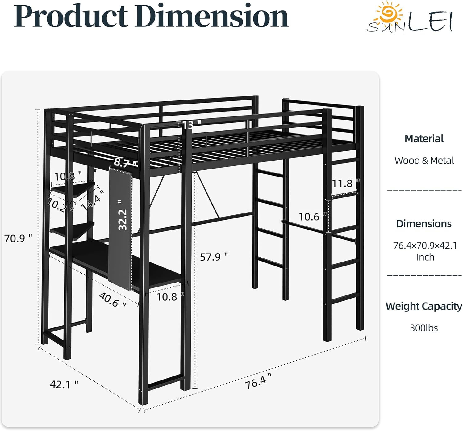 SUNLEI Loft Bed Twin Size with Desk and Safety Guard Rail, Twin Size Metal Bed Frame with Double Layer Shelves for Storage, No Box Spring 2 Security Ladders, Midnight Black
