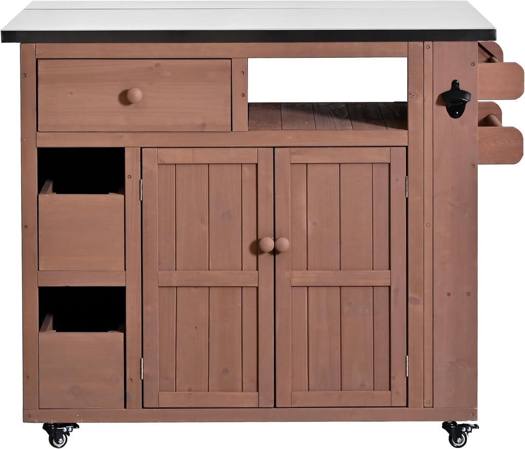 Outdoor Solid Wood Extendable Kitchen Island, Stainless Steel Top Grill Table with Side Spice Rack, Kitchen Cart with Drawers, Storage Cabinet for Backyard, BBQ,Party (Brown/S)
