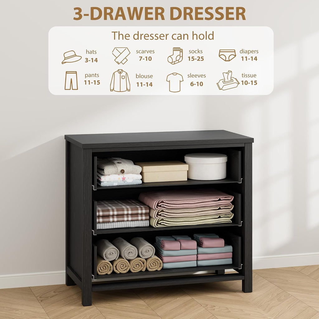 IDEALHOUSE 3 Drawer Dresser for Bedroom, 29' Tall Chest of Drawers, Wood Dresser for Closet, Clothes Storage Cabinet & Drawer Organizer for Living Room, Hallway, Entryway, Black