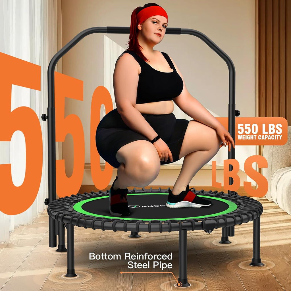 ANCHEER 40'/48' Foldable Mini Trampoline,Max Load 450lbs/550lbs Indoor Trampoline,with 4 Level Adjustable Foam Handle and Resistance Bands,Adult Exercise Trampoline for Home, Garden, and Gym