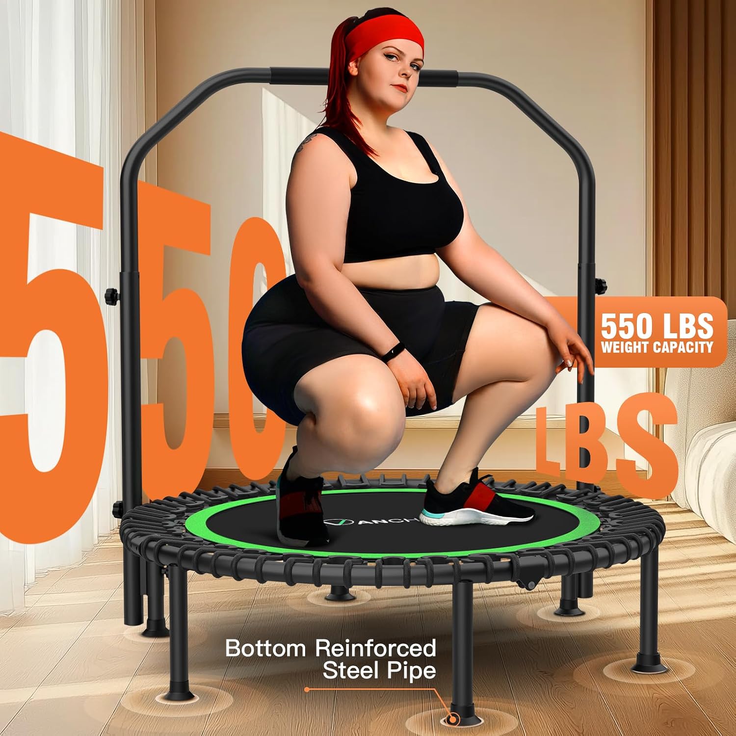 ANCHEER 40'/48' Foldable Mini Trampoline,Max Load 450lbs/550lbs Indoor Trampoline,with 4 Level Adjustable Foam Handle and Resistance Bands,Adult Exercise Trampoline for Home, Garden, and Gym