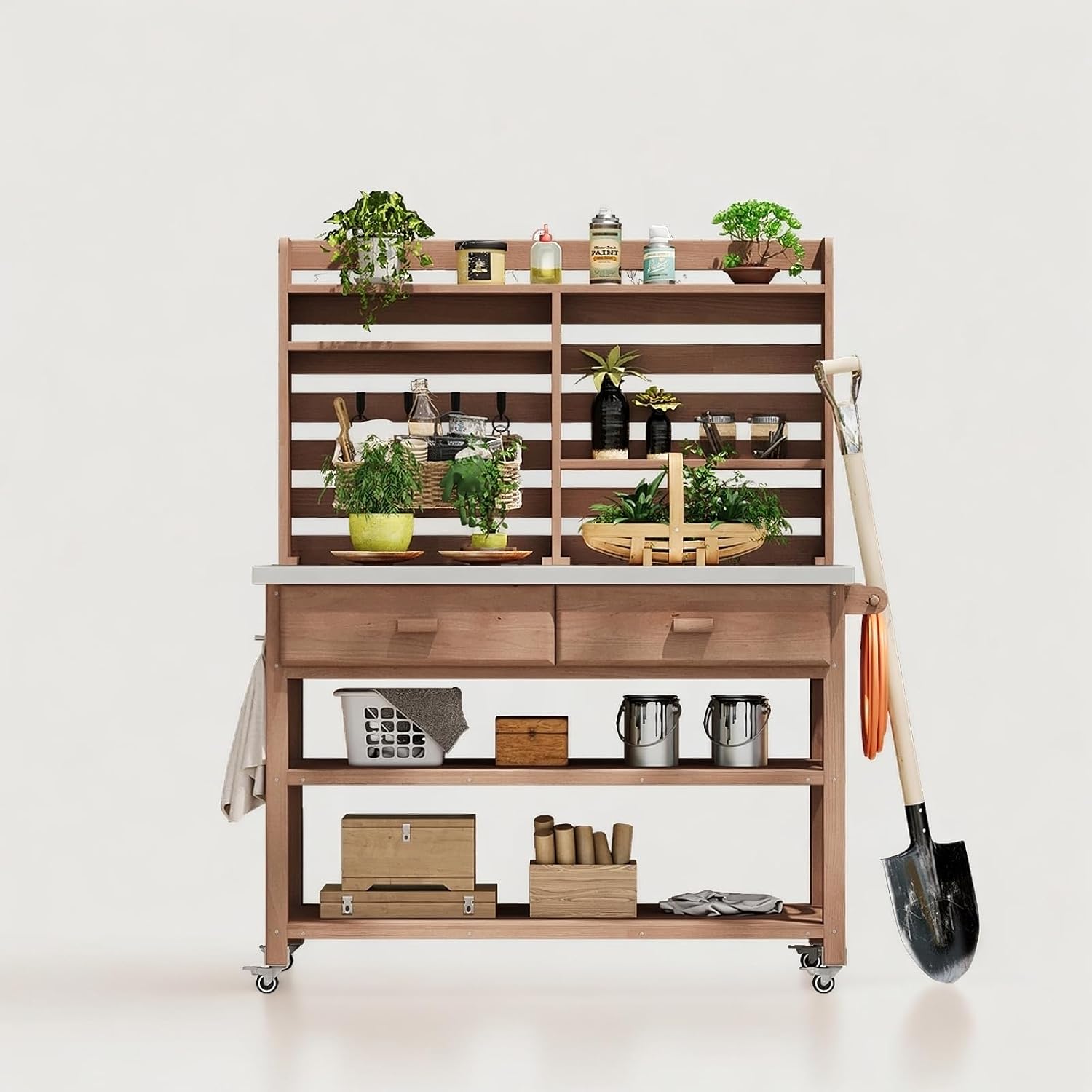 GOWE K&K 64.9' H Outdoor Potting Bench Table with Lockable Wheels, Solid Wood Outdoor Kitchen Island with Upper Hutch, Stainless Steel Top, Towel Rack,Outdoor Storage for Grilling, Lawn Garden -Brown