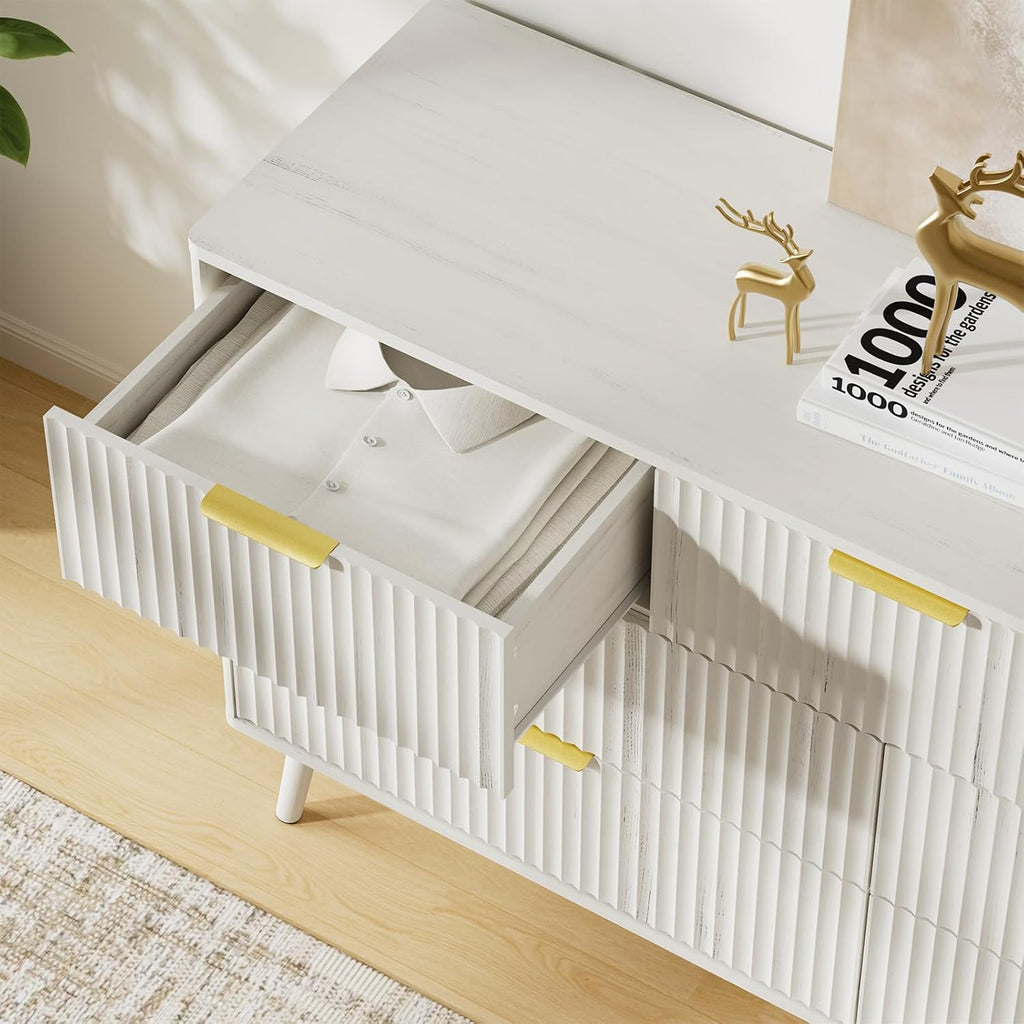 LYNSOM 55' Wide Fluted Dresser for Bedroom with 7 Drawer, Modern Chest of Drawers with Curved Profile Design and Metal Handles, Wood Dresser TV Stand & Storage Organizer for Living Room, White