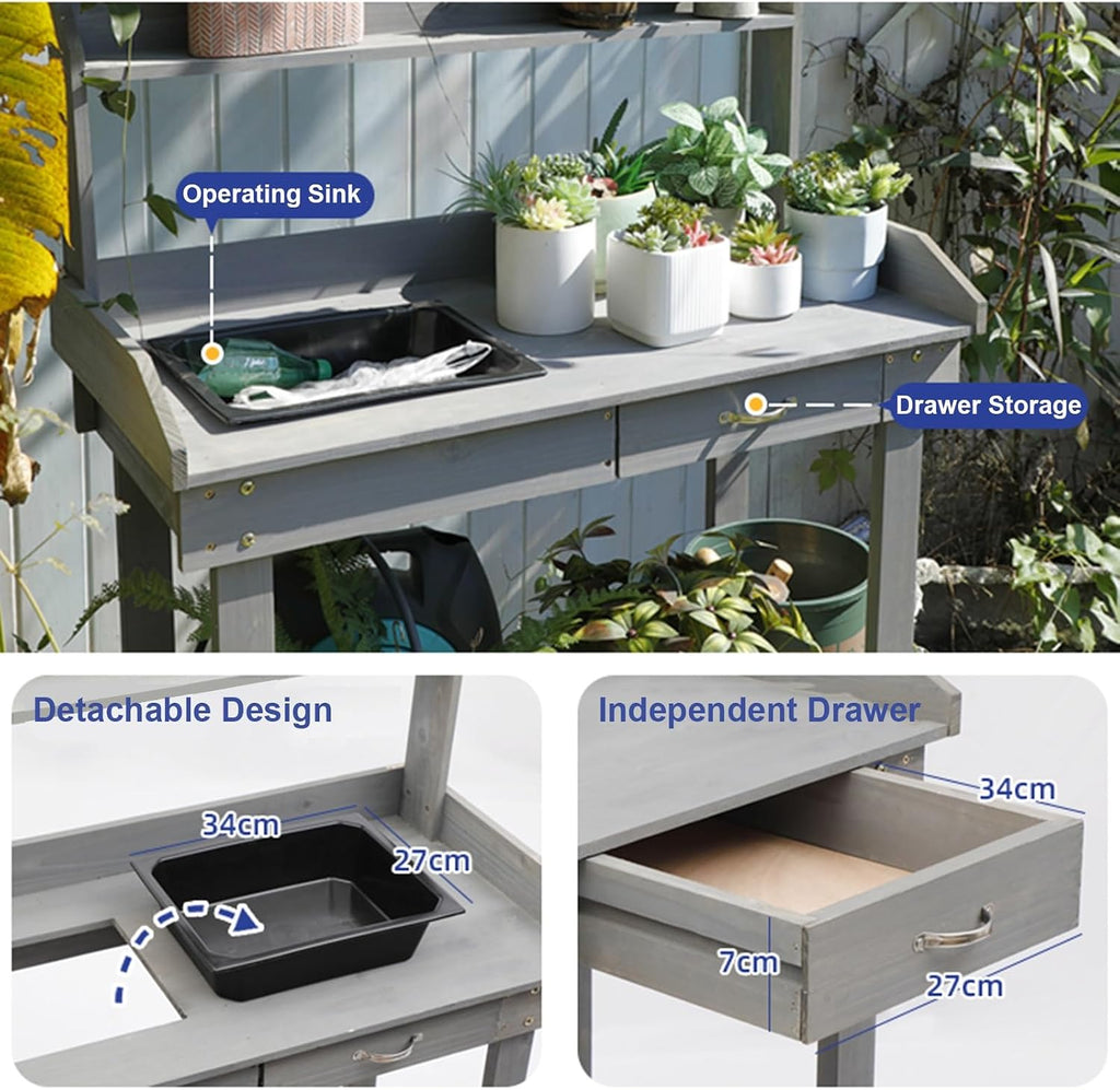 Potting Bench Table w/Wheels, Wood Garden Work Table with Sink, Drawer and Storage Shelves, Gardening Workstation for Yard Lawn Patio Indoor Outdoor Flower Plant Pot Bench