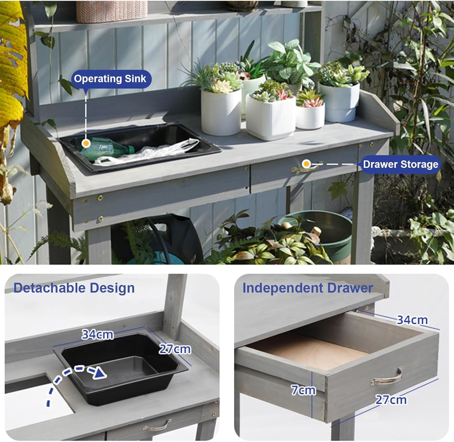 Potting Bench Table w/Wheels, Wood Garden Work Table with Sink, Drawer and Storage Shelves, Gardening Workstation for Yard Lawn Patio Indoor Outdoor Flower Plant Pot Bench