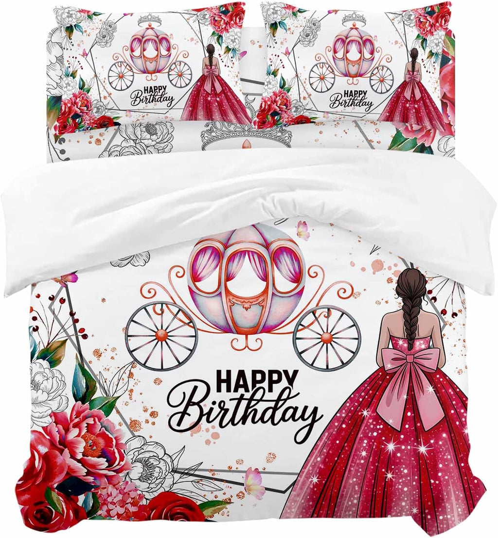 Happy Birthday Duvet Cover Set, Red Dress Crown Carriage Flowers Butterfly Soft Duvet Cover Twin Size Bedding Set 4 Pieces, 1 Quiltcover and 2 Pillowcases with Zipper, 1 Bed Sheet for All Seasons