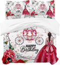 Happy Birthday Duvet Cover Set, Red Dress Crown Carriage Flowers Butterfly Soft Duvet Cover Full Size Bedding Set 4 Pieces, 1 Quiltcover and 2 Pillowcases with Zipper, 1 Bed Sheet for All Seasons