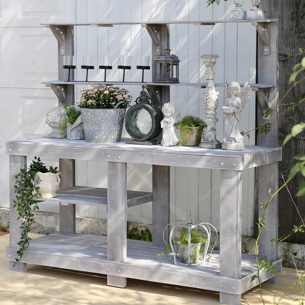 Outdoor Potting Bench Table, Large Horticulture Work Table with Storage Shelf, Wooden Potting Table for Garden Patio Backyard (Color : Gris)
