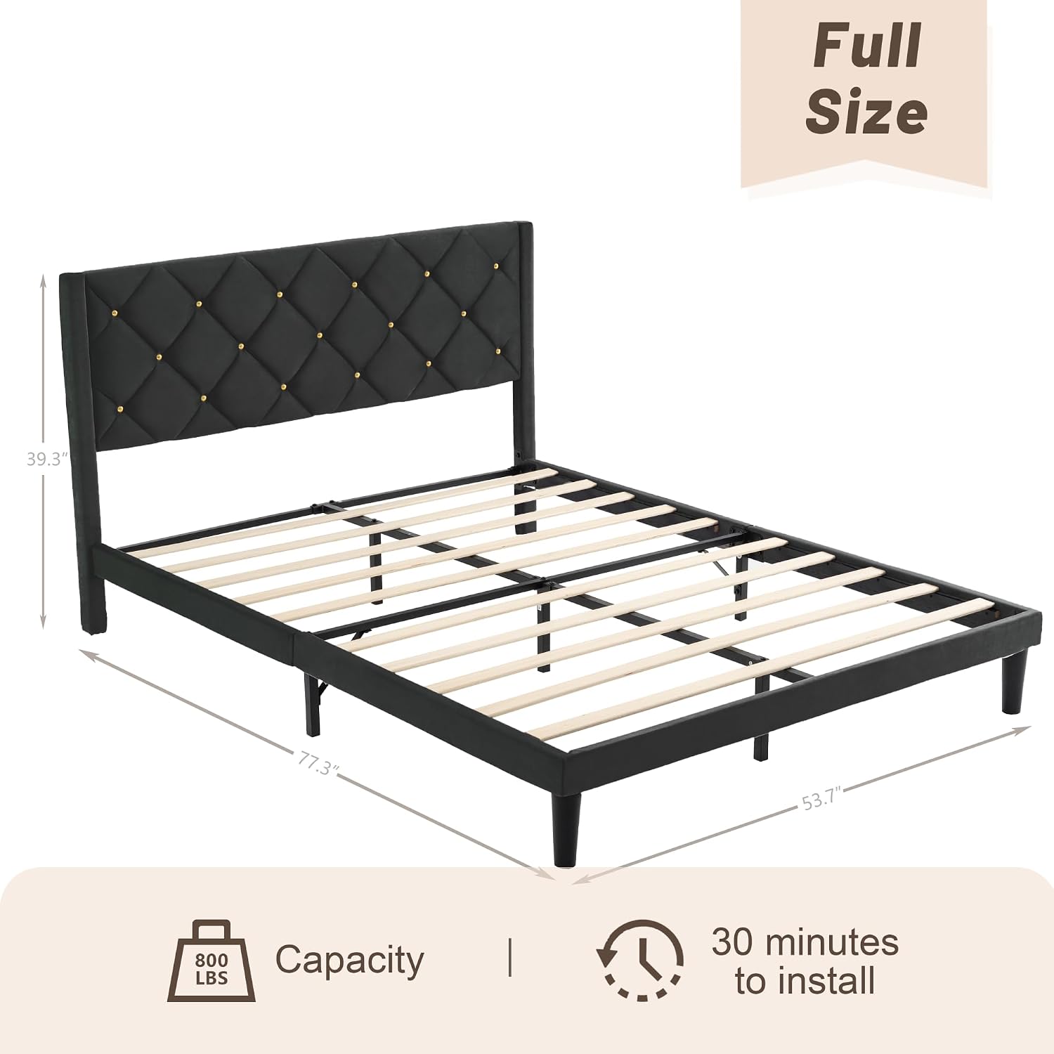 Full Size Platform Bed Frame with Velvet Headboard, Sturdy Wooden Slats Support, Mattress Foundation, No Box Spring Required, Non-Slip and Noise-Free, Easy Assembly, Black