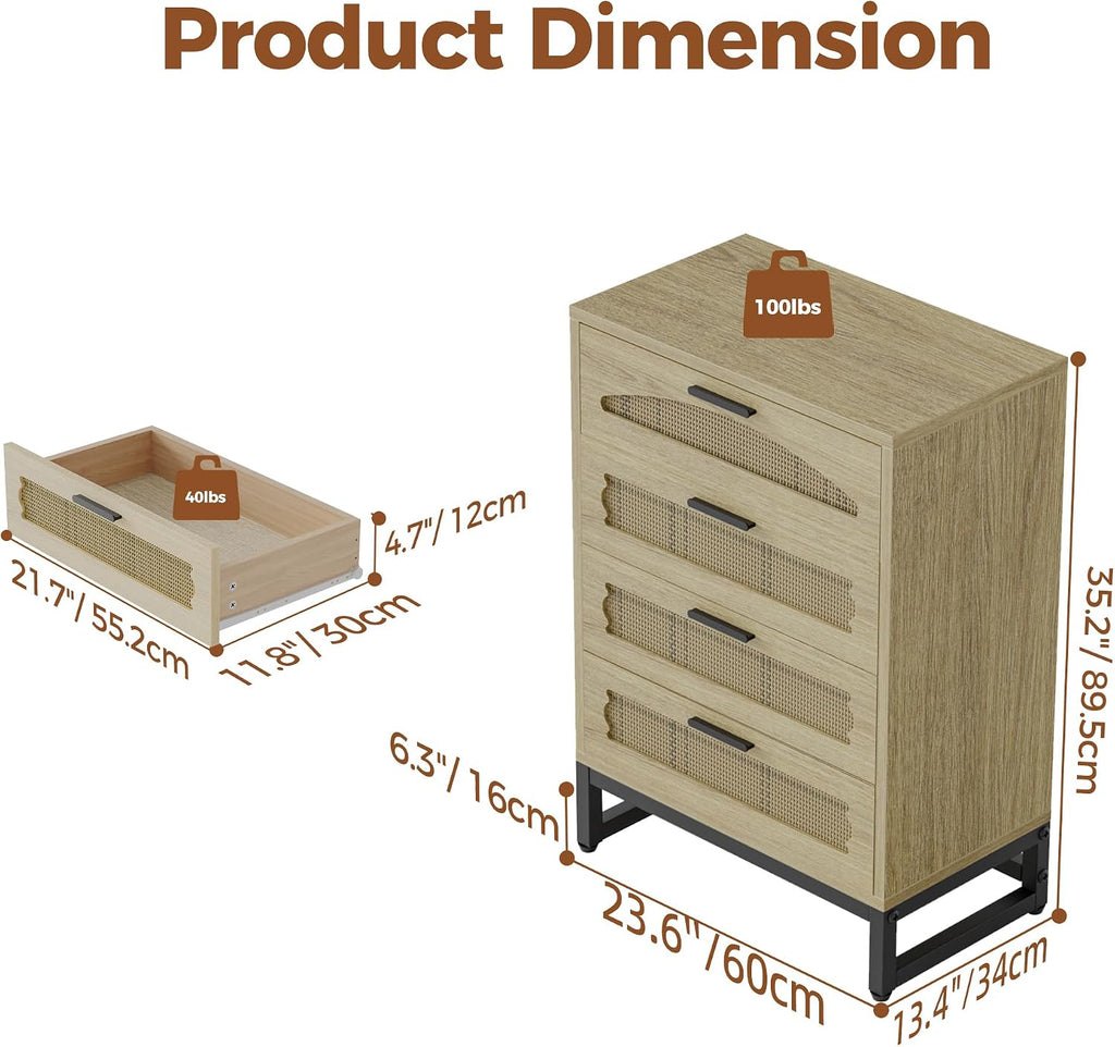 Mericonia 4 Drawer Rattan Dresser for Bedroom, Wood Tall Dresser for Closet with Metal Handles, Boho Nightstand Sets, Dressers & Chests of Drawers for Bedroom, Hallway and Entryway, Oak
