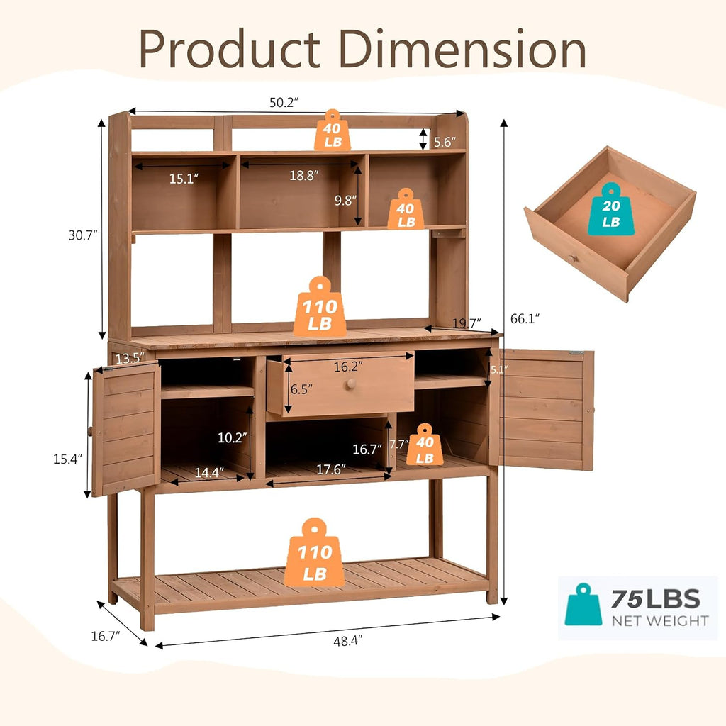 66' Wooden Potting Bench for Outdoor, Large Garden Potting Tables with Side Hooks, Storage Drawer & Adjustable Shelves, Garden Plant Work Bench Table for Backyard (Brown, 20' D X 50' W X 66' H)