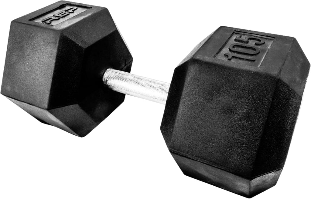 Rep Fitness Rubber Hex Dumbbell(s) - Singles (55LB +) and Pairs (5LB - 50LB) - Low Odor, Fully Knurled Handle