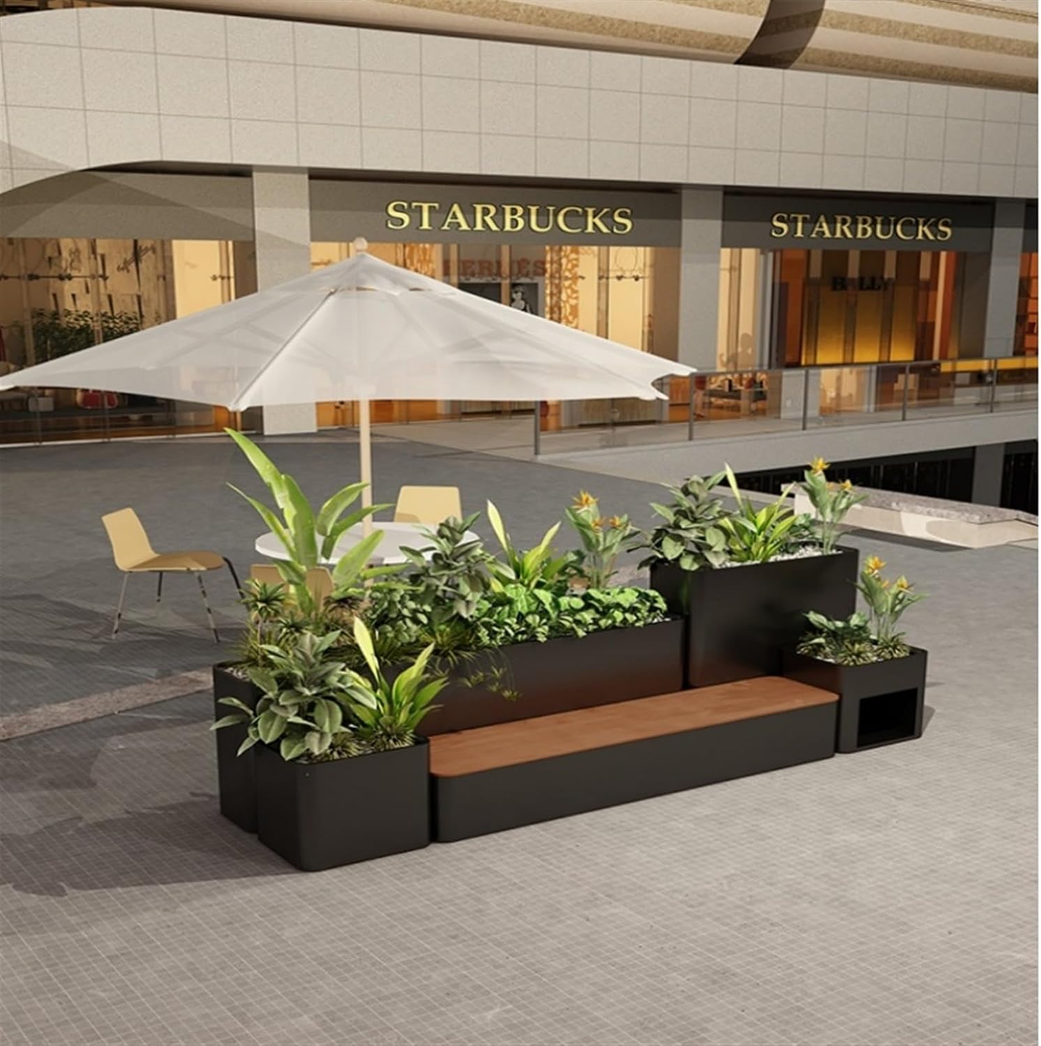 Bench with Planter Box, Large Outdoor Flowerbox with Bench, Metal Planter Box and Benchs Combination, Galvanized Sheet and Hardwood, Black Garden Bench